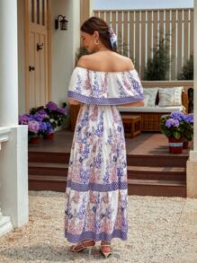 GENKIRA 夏季假日休闲植物印花拼接露肩收腰连衣裙 - 彩色 - 查看 2