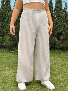 SHEIN EZwear Plus Size Summer Casual Striped Linen Long Pants - Grey - View 4