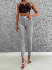 EURMUSE Women Solid Color Buttoned Denim Pants With Pockets - Grey - View 4