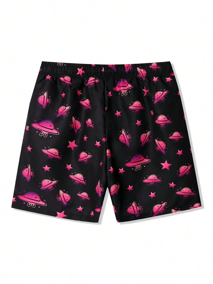 Men Loose Fit Beach Shorts With Universe Spaceship Print For Swimming/Pool Vacation