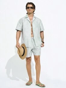 Manfinity Men Solid Color Simple Beach Short Sleeve Shirt And Shorts Set,Hawaiian