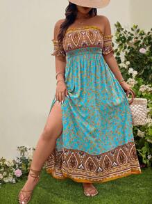 Breezaya Plus Size Plant Print Shirred Bodice Off Vai Dress - Nhiều màu - Xem 1