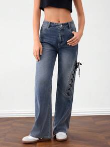 Forever 21 Women's Blue Lace-Up Knee Low Rise Wide Leg Jeans - Blue - View 1