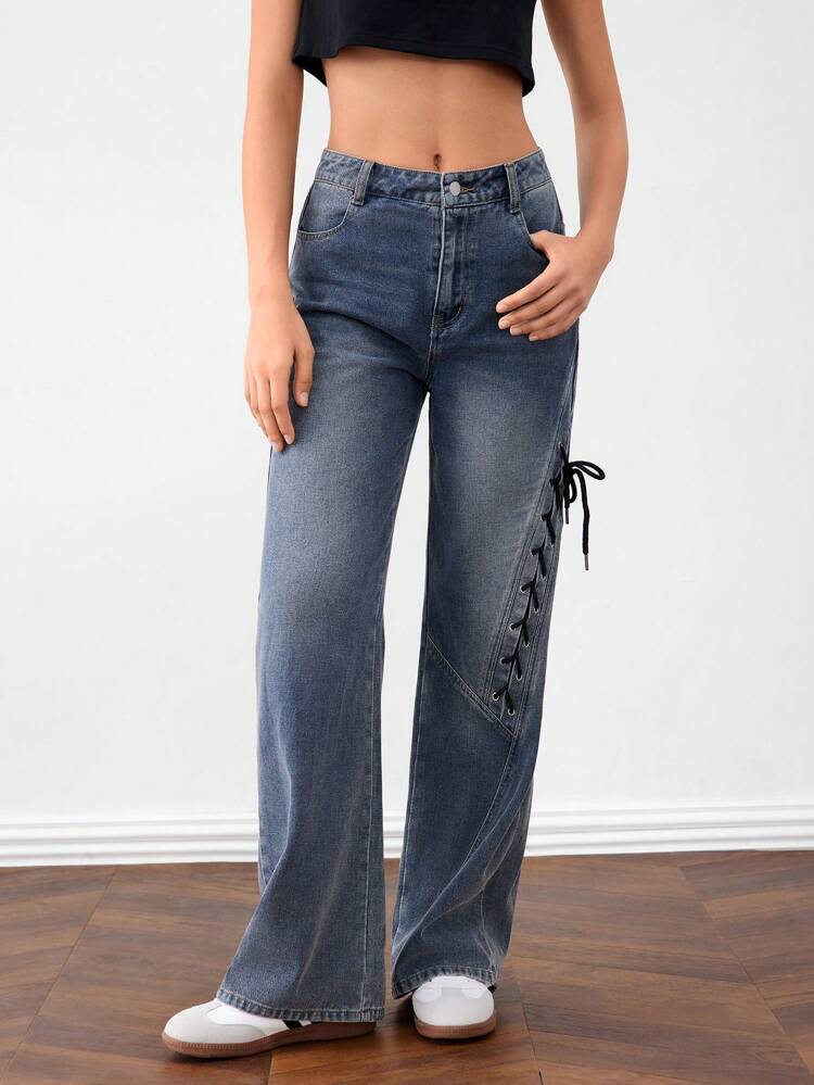 Women's Blue Lace-Up Knee Low Rise Wide Leg Jeans