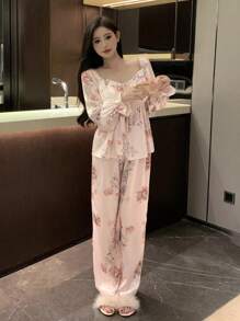 DAZY Ladies" Stylish French Print Satin Pajama Set - Pink - View 8