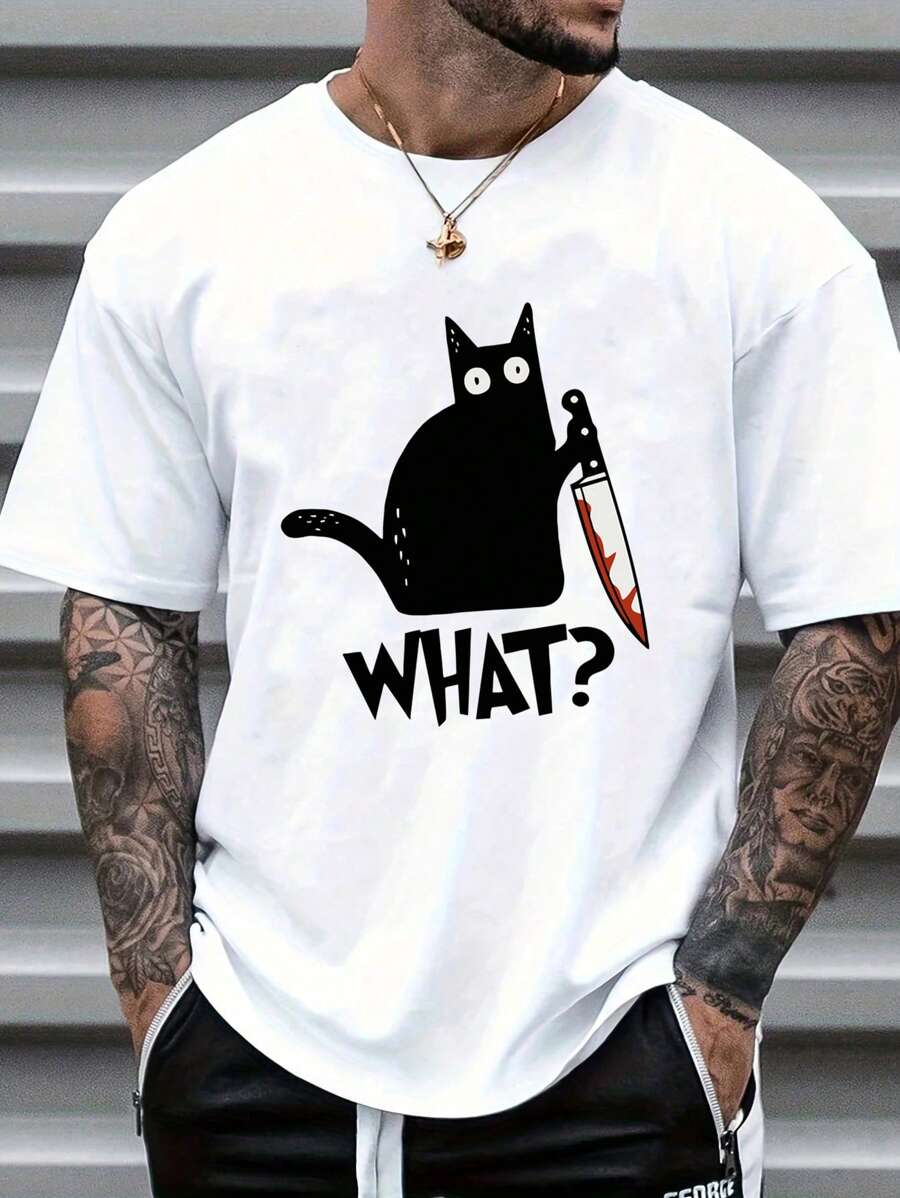 Men's Summer Casual Cartoon Letter Printed Round Neck T-Shirt