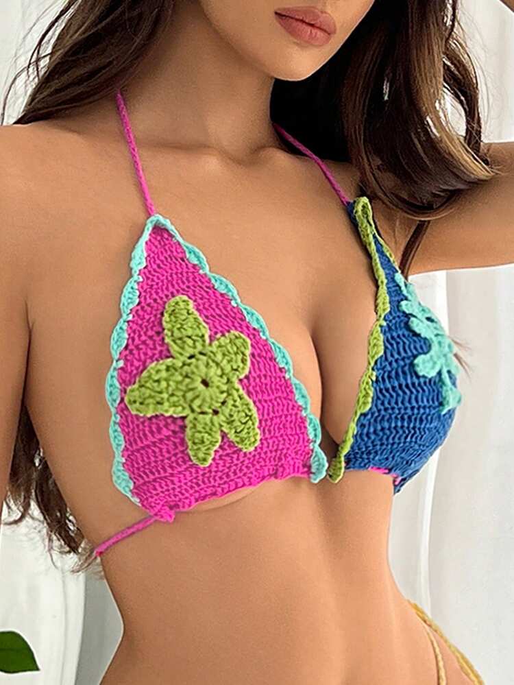 Women Summer Holiday Crochet Contrast Color Bikini Cover-Up