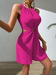 Chiquease Green Women Jumpsuit With Halter Neck, Hollow-Out Waist, Ruffled Texture Fabric - Hot Pink - View 3
