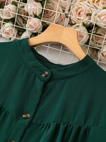 Linhara Đầm dài tay cài nút phía trước màu trơn cỡ lớn, trang phục Maxi cho nữ - Màu xanh lá cây đậm - Xem 4