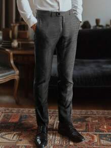 Calvornis Men's Solid Color Tapered Casual Suit Pants With Slanted Pockets , Corduroy - Black - View 1