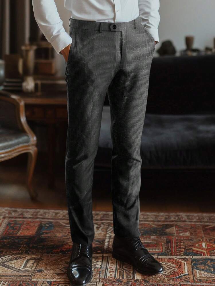 Men's Solid Color Tapered Casual Suit Pants With Slanted Pockets , Corduroy