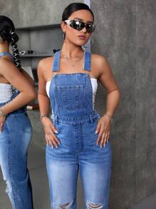 Women Spring/Summer Casual Straight-Legged Ripped Denim Jumpsuit - Medium Wash - View 6