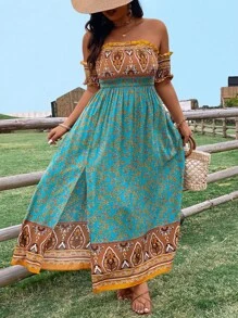 Breezaya Plus Size Plant Print Shirred Bodice Off Vai Dress - Nhiều màu - Xem 3