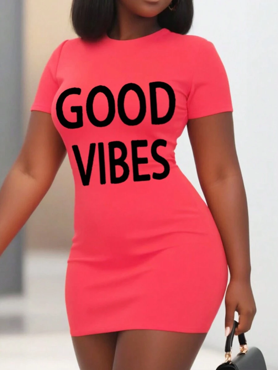 Franclia Plus Size Simple Printed Short Sleeve Bodycon Dress - Red - View 1