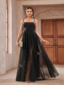 SHEIN Belle Váy dây đeo spaghetti bằng vải tuyn chấm bi màu đen và bạc tuyệt đẹp với đường xẻ cao ở lớp bên trong và lớp ngoài loe, thích hợp cho các bữa tối và sự kiện trang trọng - màu đen - Xem 4