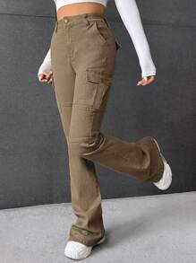 SHEIN Teen Girl Y2k High Waist Flap Pocket Side Flare Leg Cargo Jeans,Fashionable For Spring And Summer Outfit