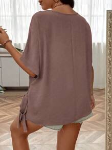 Plus Size Summer Casual Solid Color Batwing Sleeve Top With Tied Straps - Mocha Brown - View 2