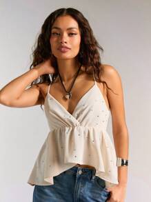 Forever 21 时尚性感女式 V 领吊带背心，下摆不对称，饰有水钻 - 杏色 - 查看 3