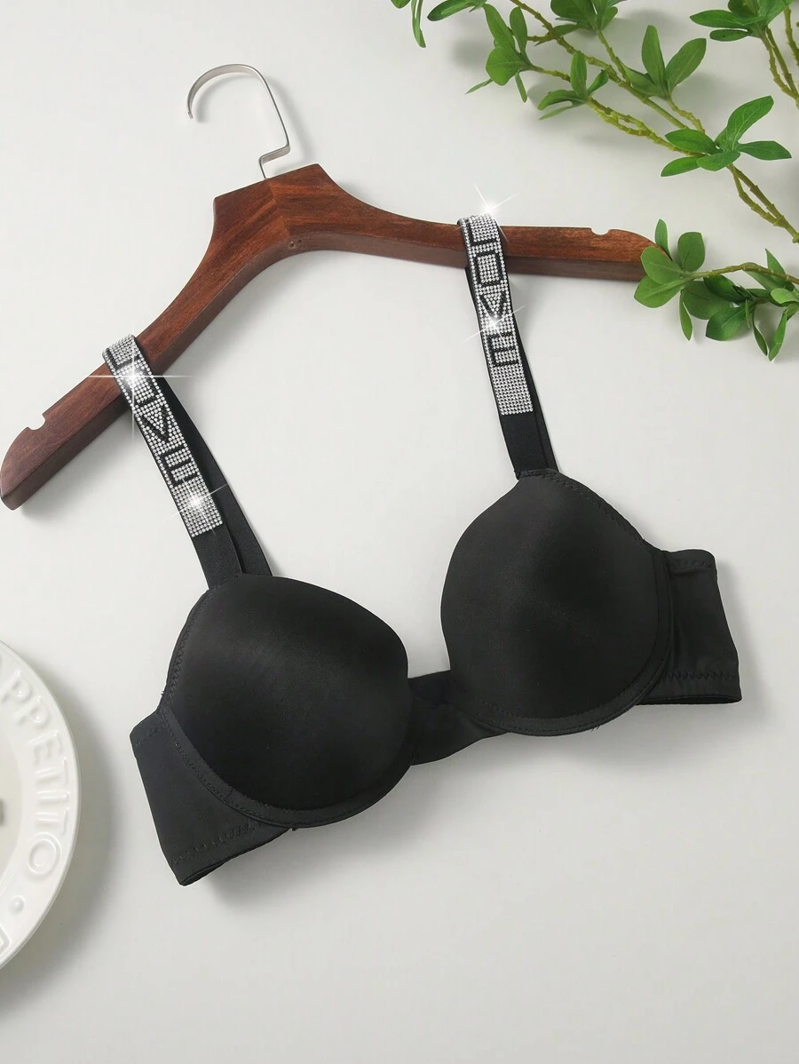 Letter Tape Panel Push Up Bra, Rave - Black - View 1