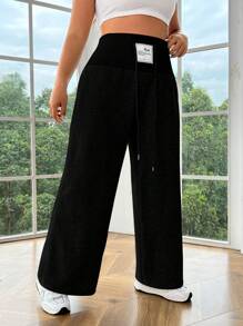 SHEIN EZwear Black Knitted Ladies Plus Size Loose Wide Leg Letter Patterned Casual Pants