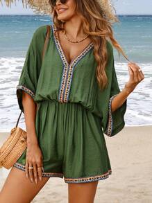 Breezaya Summer Holiday Beach Woven Belt Patch Batwing Sleeve Cinched Jumpsuit - Green - View 1