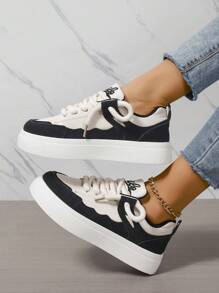 Fall/Winter Fashionable Mixed-Color Suede And Plush Spliced Pre-Tied Sneakers With Thick-Soles For Women - Black - View 6