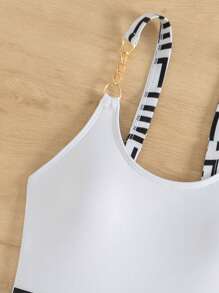 SHEIN Swim Summer Beach Slim Fit Chain Detail Straps One-Piece Swimsuit With Placement Print - White - View 6