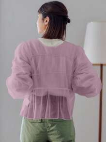 FRIFUL Áo thun tay dài buộc dây phía trước, chất liệu voan mỏng, quần áo nữ mùa thu - Bụi tím - Xem 2