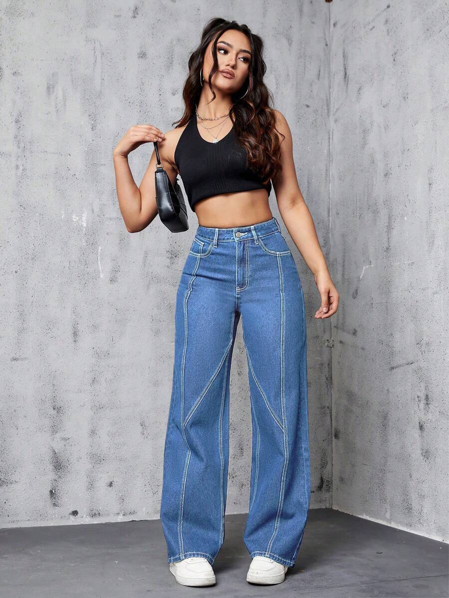 SHEIN EZwear 女性時尚純色寬鬆牛仔長褲 - 中等水洗藍 - 查看 1