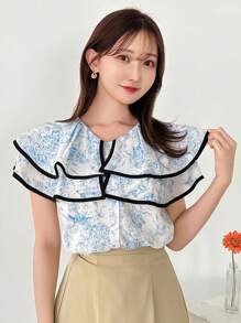 FRIFUL Women Summer Casual Plant Print Contrast-Edge Ruffle Hem Blouse Floral - Blue - View 5