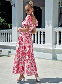 SHEIN VCAY Đầm cổ vuông họa tiết hoa thời trang dành cho nữ - Đỏ và trắng - Xem 2