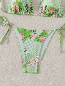 SHEIN Swim 女士花卉印花度假比基尼套装带颈带，简约时尚两件套比基尼套装（随机印花）夏季海滩 - 彩色 - 查看 4