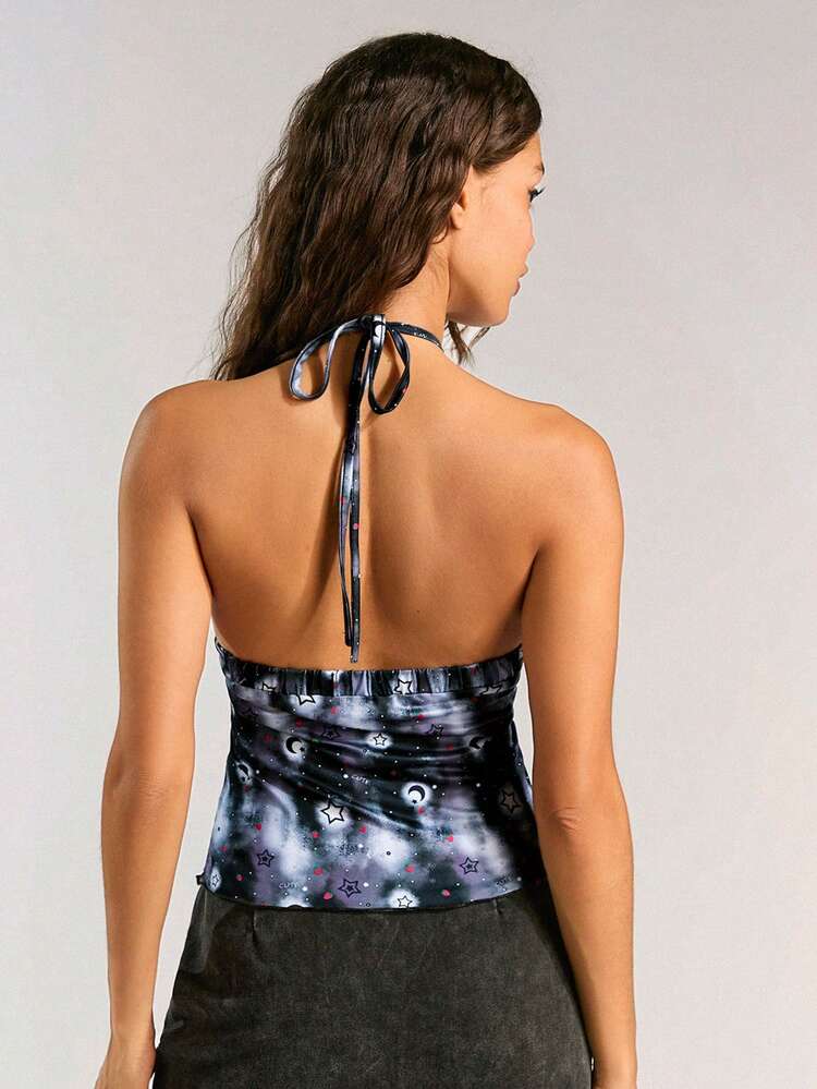 Women Black Knit Top With Strawberry Print, Halter Neck, Wave Edge And Elastic Fabric