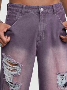 ROMWE MEN Men Casual Straight Leg Mid-Rise Denim Shorts With Distressed Design And Insert Pockets - Purple - View 6