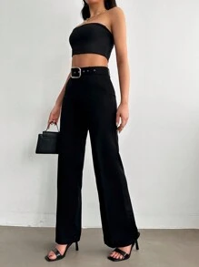 EURMUSE Women Solid Color Belted Wide Leg Pants - Black - View 4