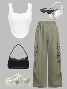 SHEIN Girlism 两件套少女街头风针织方领上衣和背带裤套装 - 彩色 - 查看 3