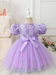 Stickerei-Mesh-Kontrast-Puffärmel Hübsches Kleid für Baby-Mädchen