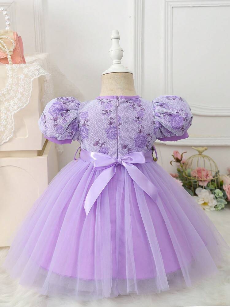 Embroidered Mesh Contrast Puff Sleeve Cute Dress For Baby Girl