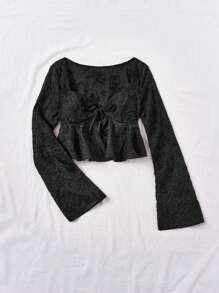 Soleia Women Solid Color Jacquard Peter Pan Collar Buttoned Knot Peplum Shirt - Black - View 3