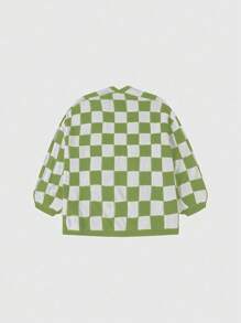SHEIN Essnce Chaqueta de punto de manga larga con cuello en v tejida a cuadros de dos colores