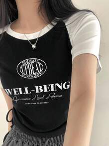 DAZY Women Short Sleeve T-Shirt With Color Block And Letter Patchwork Summer,Graphic Tees Preppy Tops - Black and White - View 5