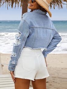 Breezaya Women Short Denim Jacket With Holes And Frayed Edges For Beach Vacation - Light Wash - View 2