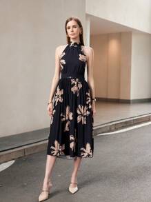 SHEIN Privé Fashionable And Elegant Personalized Strappy Sleeveless Long Dress With Printed Hem, Pleats, Waist Belt And Tie Back, Black Dresses For Women Elegant 