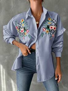 Cottnline Floral Embroidery Ruffle Trim Drop Shoulder Shirt - Blue - View 4