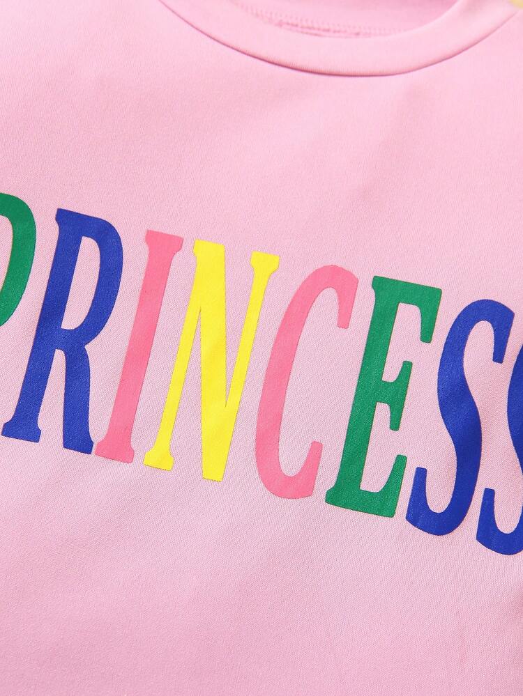 Set de 2 piezas para bebé niña con camiseta de manga corta con cuello redondo con palabra inglesa de princesa + shorts deportivos estampados, atuendos elegantes de verano en la calle - Morado - Ver 3