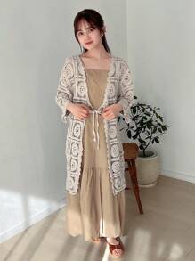 FRIFUL Damen Strand lässig Jakobsmuschelbesatz Pointelle Strickjacke