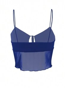 INAWLY Top corto de tirantes para mujer, de unicolor con detalle de lazo frontal y borde inferior con ondulación, ajustado y recortado para el verano - Azul - Ver 3