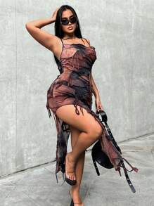 Flirla Plus Size Nữ Thời trang Chất liệu Đau khổ Đầm Cổ Cami - Nhiều màu - Xem 1