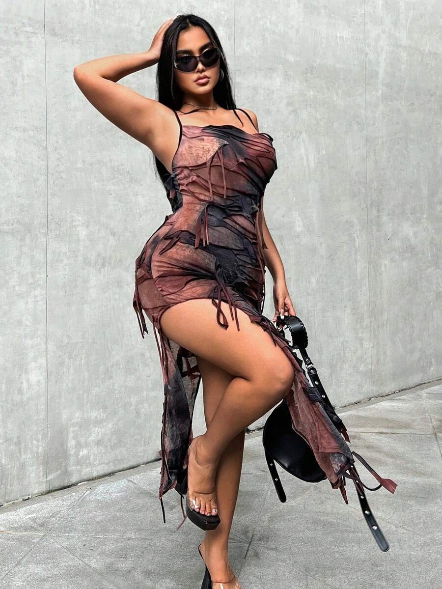 Flirla Plus Size Nữ Thời trang Chất liệu Đau khổ Đầm Cổ Cami - Nhiều màu - Xem 1