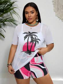 Swim Lushoire Plus Size Women Summer Beach Wireless Tankini Set & Palm Tree Printed Short Sleeve Cover Up - Multicolor - View 3